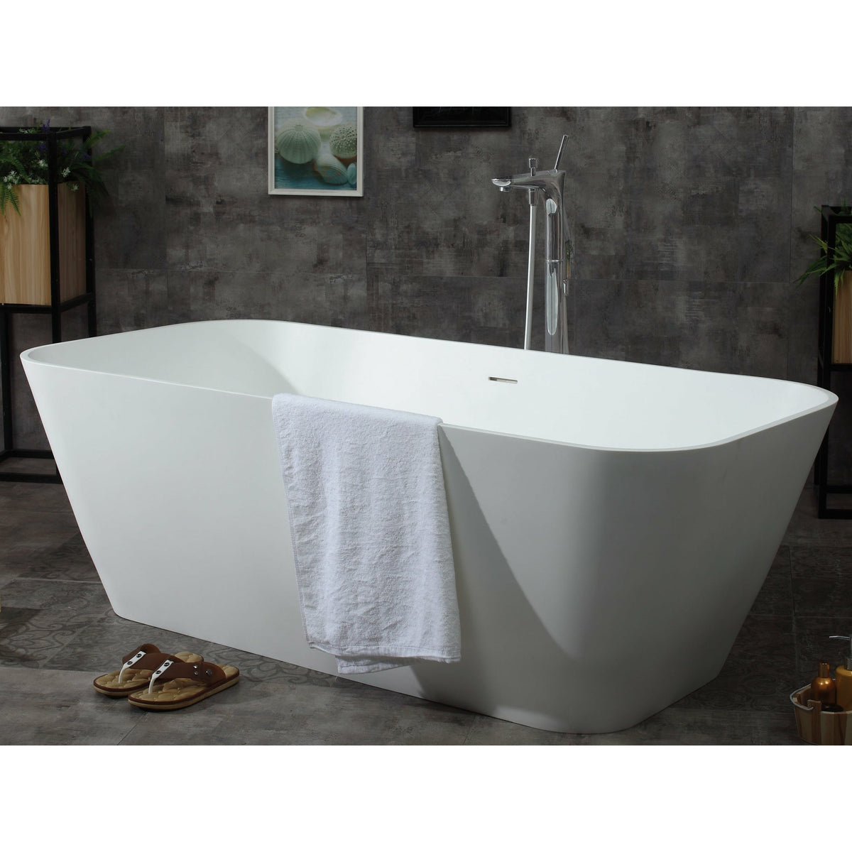 ALFI AB9952 67" White Rectangular Solid Surface Smooth Resin Soaking Bathtub with a matte finish in the bathroom