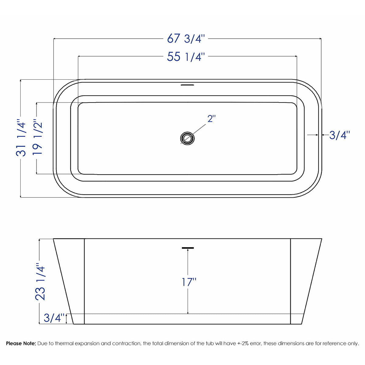 ALFI AB9952 67" White Rectangular Solid Surface Smooth Resin Soaking Bathtub dimension drawing