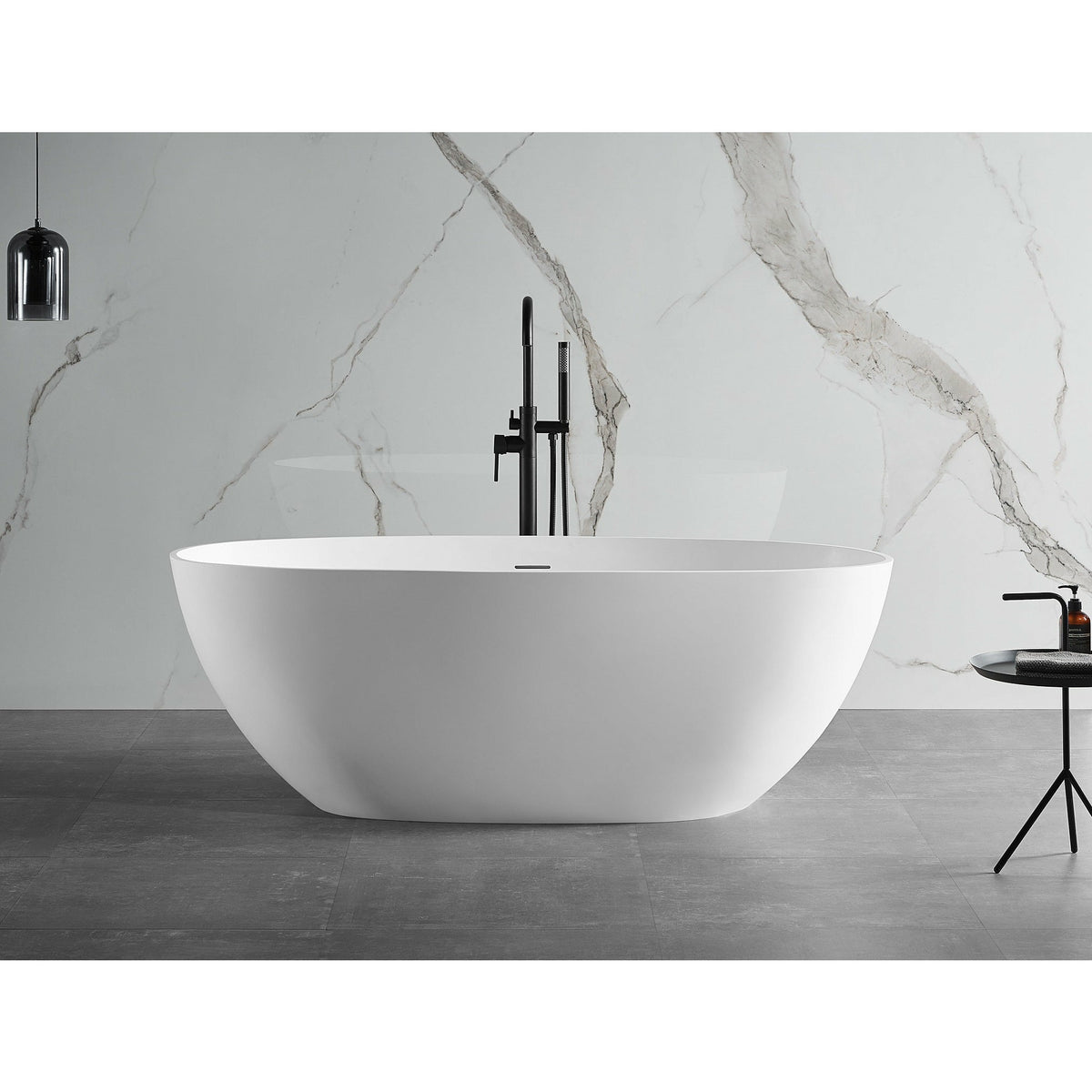 ALFI 59-Inch Oval White Solid Surface Freestanding Resin Soaking Bathtub with Built-in overflow AB9975 - Smooth Resin Composite Material With a Matte Finish - Lifestyle - Vital Hydrotherapy