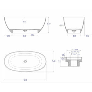 ALFI 59-Inch Oval White Solid Surface Freestanding Resin Soaking Bathtub Specification Drawing - Vital Hydrotherapy
