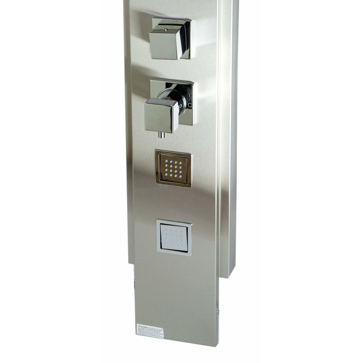 ALFI ABSP10 Modern Stainless Steel Shower Panel with 4 Body Sprays, Sleek Stainless Steel panel with Polished Chrome handles & knobs in a white background