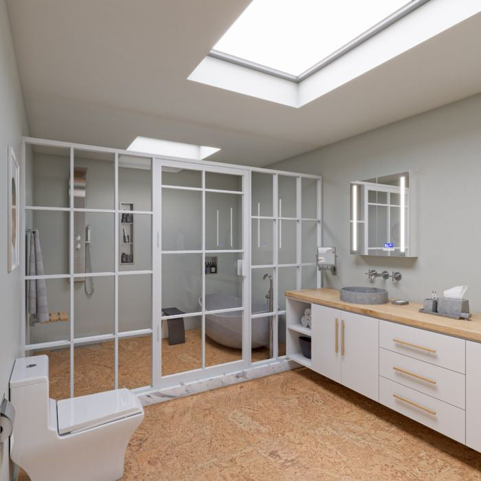 ALFI ABSP20 Modern Stainless Steel Shower Panel with 2 Body Sprays, shower mixer valve, 2 large fixed body jets with rain like spray, Overhead rain shower and Handheld sprayer - Sleek Stainless Steel panel with Polished Chrome handles & knobs - Lifestyle - Vital Hydrotherapy