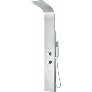 ALFI ABSP20 Modern Stainless Steel Shower Panel with 2 Body Sprays, shower mixer valve, 2 large fixed body jets with rain like spray, Overhead rain shower and Handheld sprayer - Sleek Stainless Steel panel with Polished Chrome handles & knobs in a white background