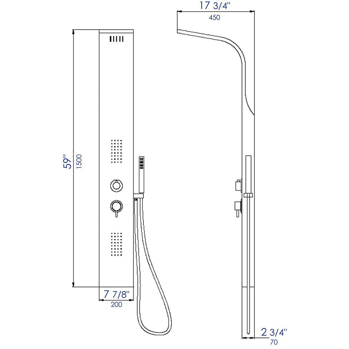 ALFI ABSP20 Modern Stainless Steel Shower Panel with 2 Body Sprays dimension drawing