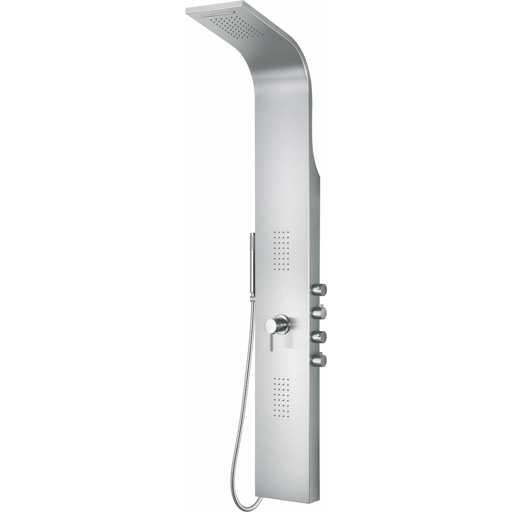 ALFI ABSP30 Stainless Steel Shower Panel with 2 Body Sprays, Overhead rain shower, Handheld sprayer and shower mixer valve - Sleek Stainless Steel panel with Polished Chrome handles & knobs in a white background