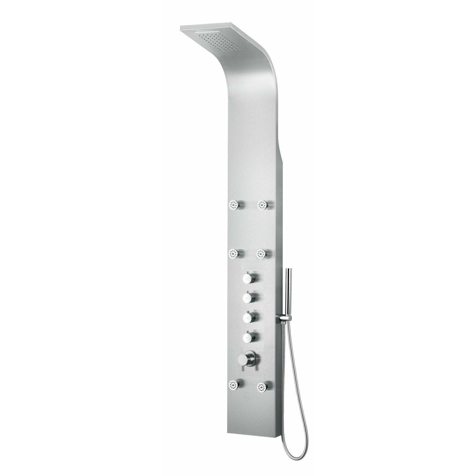 ALFI ABSP40 Stainless Steel Shower Panel with 6 Body Sprays, Overhead Rain Shower Head, Sleek Stainless Steel panel with Polished Chrome handles & knob, Flexible reinforced stainless steel hot & cold water supply hose, Handheld sprayer in a white background.
