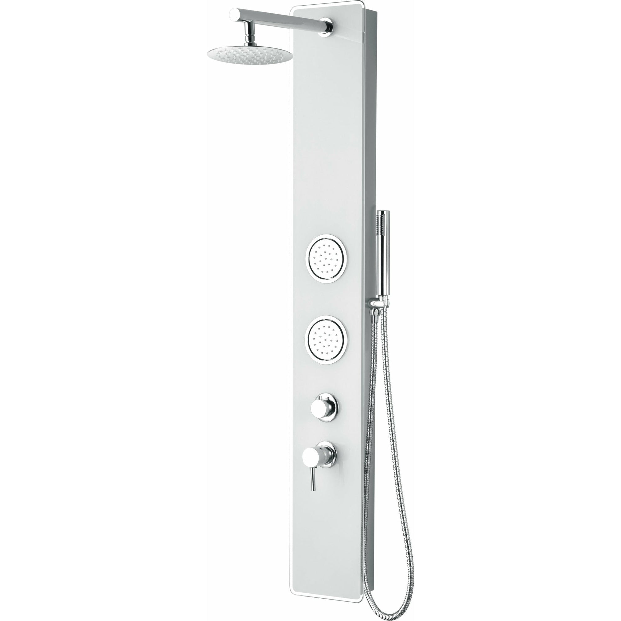 ALFI ABSP50W White Glass Shower Panel with 2 Body Spray, Overhead Rain Shower Head, Sleek Stainless Steel panel with Polished Chrome handles & knob, Flexible reinforced stainless steel hot & cold water supply hose, Handheld sprayer in a white background.