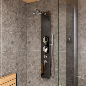 ALFI ABSP55B Black Glass Shower Panel with 2 Body Spray, overhead Rain Shower Head, Flexible reinforced stainless steel hot & cold water supply hose, Sleek Stainless Steel panel with Polished Chrome handles & knob and Handheld sprayer in a bathroom