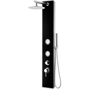 ALFI ABSP55B Black Glass Shower Panel with 2 Body Spray, overhead Rain Shower Head, Flexible reinforced stainless steel hot & cold water supply hose, Sleek Stainless Steel panel with Polished Chrome handles & knob and Handheld sprayer in a white background