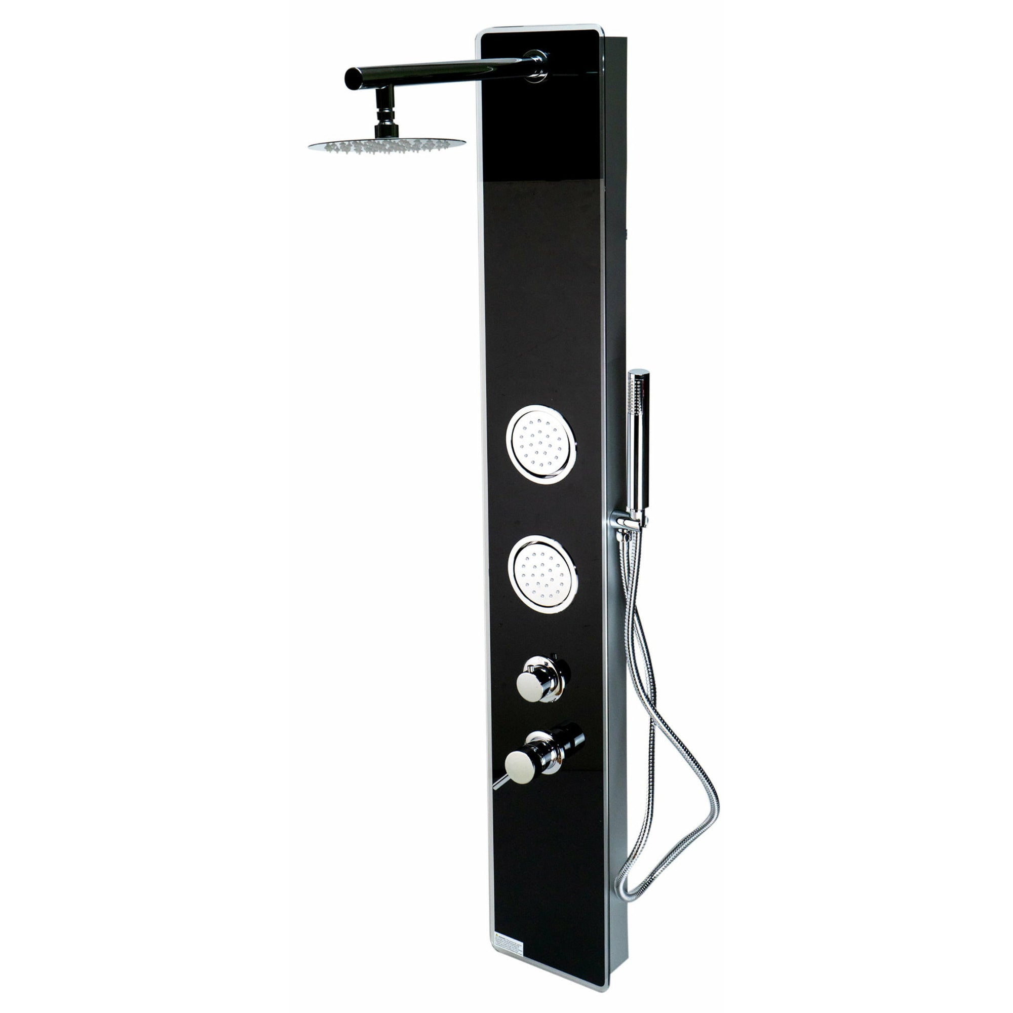 ALFI ABSP55B Black Glass Shower Panel with 2 Body Spray, overhead Rain Shower Head, Flexible reinforced stainless steel hot & cold water supply hose, Sleek Stainless Steel panel with Polished Chrome handles & knob and Handheld sprayer in a white background