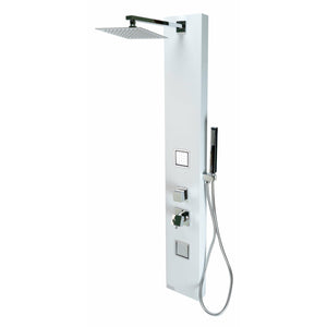 ALFI ABSP60W White Aluminum Shower Panel with 2 Body Sprays, Overhead Rain Shower Head, Sleek Stainless Steel panel with Polished Chrome handles & knobs, Flexible reinforced stainless steel hot & cold water supply hose in a white background. 