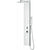 ALFI ABSP60W White Aluminum Shower Panel with 2 Body Sprays, Overhead Rain Shower Head, Sleek Stainless Steel panel with Polished Chrome handles & knobs, Flexible reinforced stainless steel hot & cold water supply hose in a white background. 