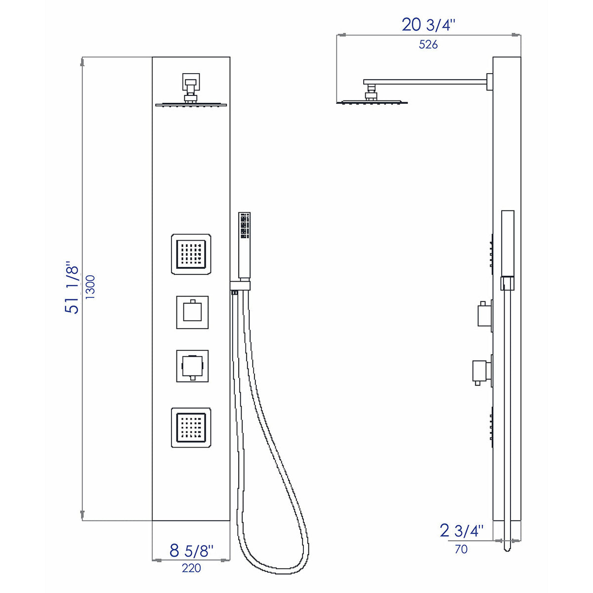 Flexible reinforced stainless steel hot & cold water supply hose in a white background.  dimension drawing 