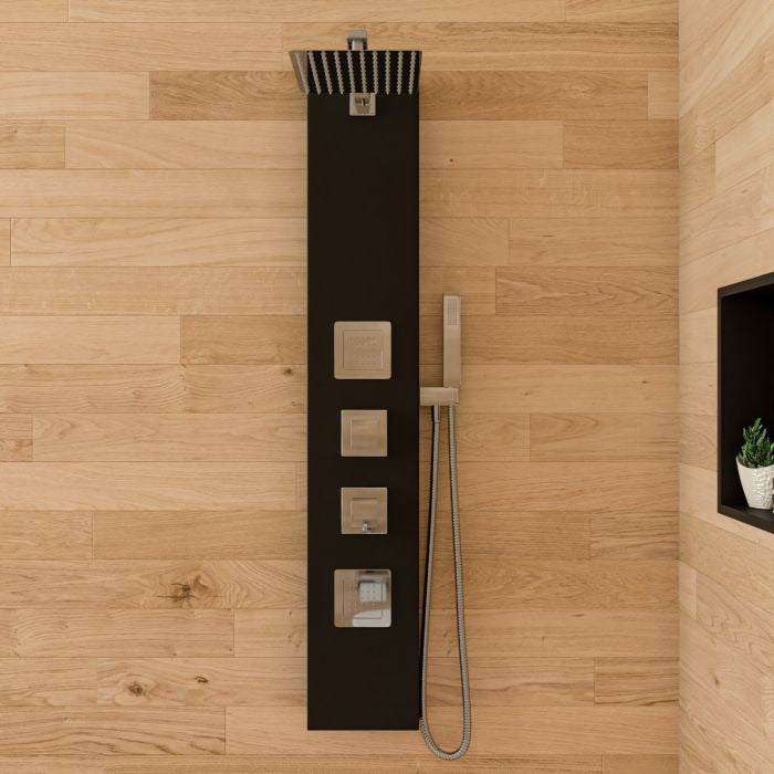ALFI ABSP65B Black Aluminum Shower Panel with 2 Body Sprays, Rain Shower Head, Handheld sprayer and Flexible reinforced stainless steel hot & cold water supply hose in the bathroom - Vital Hydrotherapy
