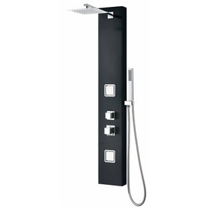 ALFI ABSP65B Black Aluminum Shower Panel with 2 Body Sprays, Rain Shower Head, Handheld sprayer and Flexible reinforced stainless steel hot & cold water supply hose in a white background
