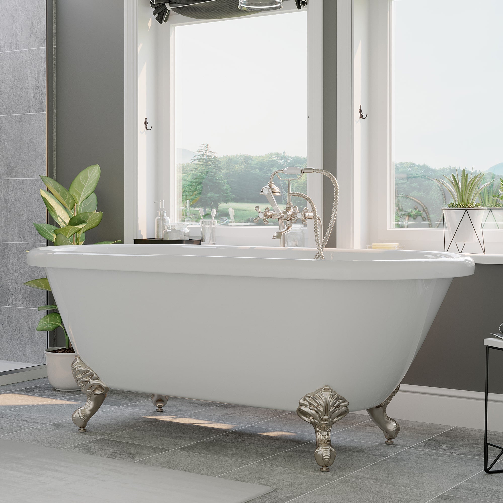 Cambridge Plumbing Double Ended Acrylic Clawfoot Bathtub (White Gloss Finish) with Continuous Rim and Complete Plumbing Package -Brushed nickel ball and claws feet - ADE60-398463-PKG-NH - Vital Hydrotherapy