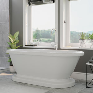 Cambridge Plumbing Double Ended Acrylic Pedestal Bathtub (White Gloss Finish) with Continuous Rim and Complete Plumbing Package -Polished chrome tub filler with handheld shower ADEP-150-PKG-NH - Vital Hydrotherapy