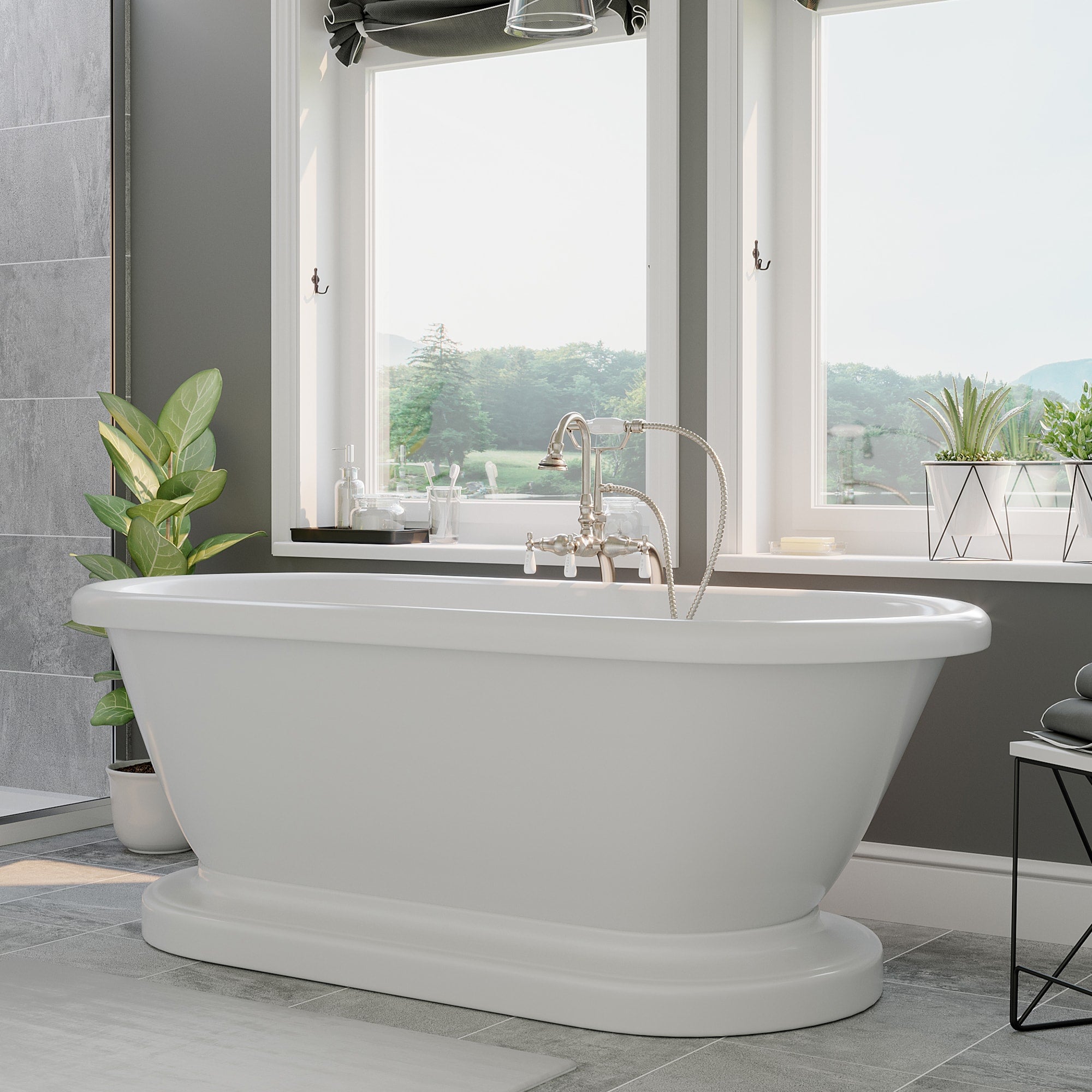Cambridge Plumbing Double Ended Acrylic Pedestal Bathtub (White Gloss Finish) with Continuous Rim and Complete Plumbing Package - Brushed nickel tub filler with handheld shower - ADEP-398684-PKG-NH - Vital Hydrotherapy