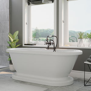 Cambridge Plumbing Double Ended Acrylic Pedestal Bathtub (White Gloss Finish) with Faucet Drillings and Complete Plumbing Package - Oil rubbed bronze tub filler with hand-held shower ADEP-463D-6-PKG-7DH - Vital Hydrotherapy