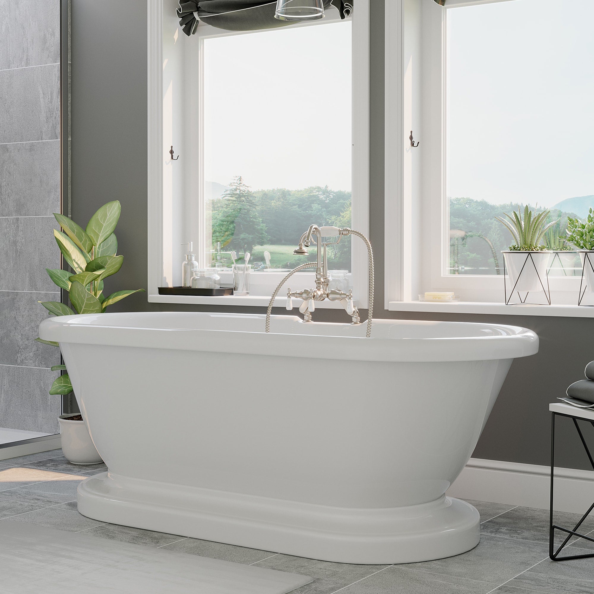 Cambridge Plumbing Double Ended Acrylic Pedestal Bathtub (White Gloss Finish) with Complete Plumbing Package - Brushed nickel tub filler with hand-held shower ADEP-684D-PKG-7DH - Vital Hydrotherapy