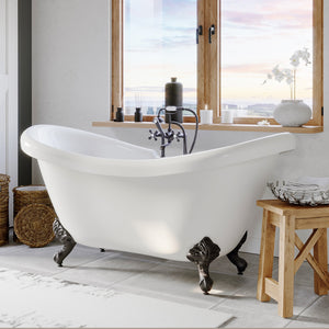 Cambridge Plumbing Double Slipper Acrylic Clawfoot Bathtub (White Gloss Finish) and Complete Plumbing Package - Oil rubbed bronze ball and claw feet ADES-463D-6-PKG-7DH - Vital Hydrotherapy