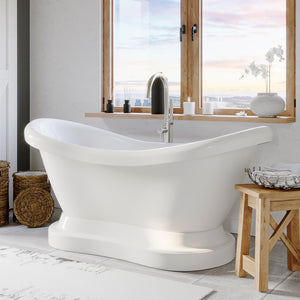 Cambridge Plumbing Double Slipper Acrylic Pedestal Soaking Tub (Fiberglass Core & White  Gloss Finish) with Complete Plumbing Package - Brushed nickel tub filler - Actual Dimensions: 30 1/3" H x 28" W x 68 4/5" L - ADES-PED-150-PKG-NH - Vital Hydrotherapy