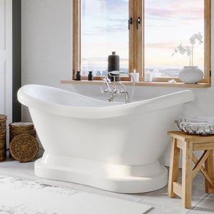 Cambridge Plumbing Double Slipper Acrylic Pedestal Soaking Tub (Fiberglass Core & White Gloss Finish) and Complete Plumbing Package - Brushed nickel tub filler ADES-PED-398463-PKG-NH - Vital Hydrotherapy