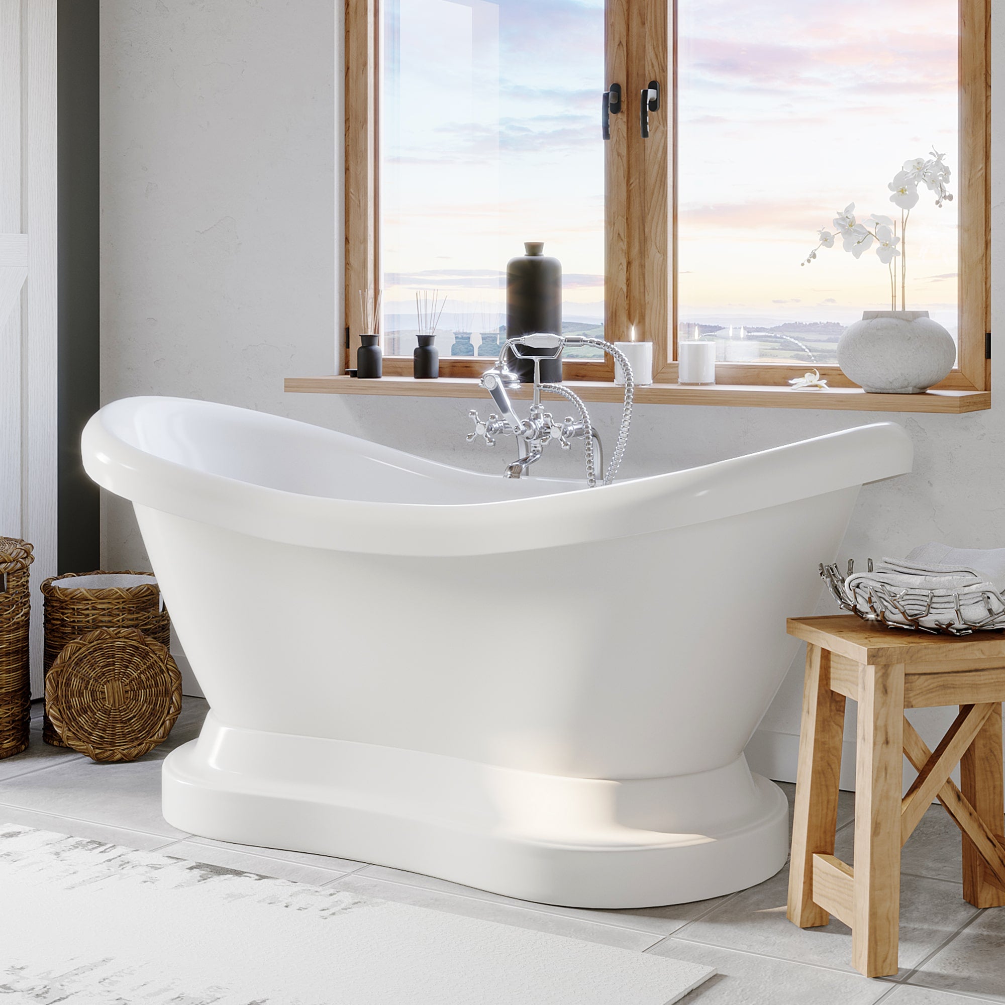 Cambridge Plumbing Double Slipper Acrylic Pedestal Soaking Tub (Fiberglass Core & White Gloss Finish) and Complete Plumbing Package - Brushed nickel tub filler ADES-PED-398463-PKG-NH - Vital Hydrotherapy