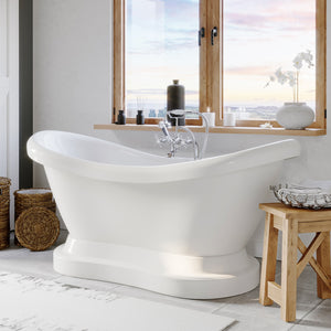Cambridge Plumbing Double Slipper Acrylic Pedestal Soaking Tub (Fiberglass Core & White Gloss Finish) and Complete Plumbing Package - Polished chrome tub filler ADES-PED-398463-PKG-NH - Vital Hydrotherapy