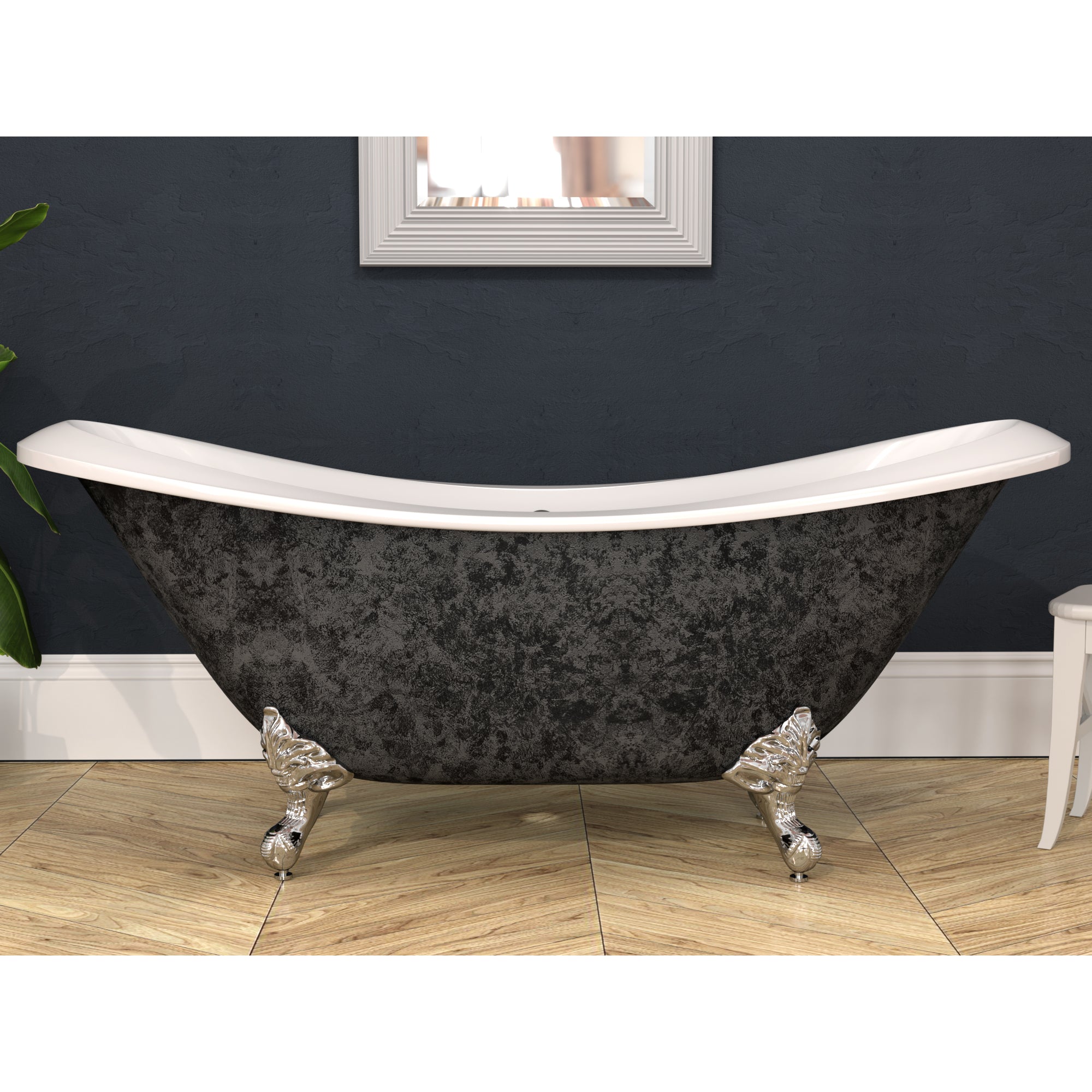Cambridge Plumbing Extra Wide Double Slipper Hand Painted Scorched Platinum Acrylic Clawfoot Tub Hand Painted Faux Scorched Platinum Exterior, Feet (Brushed Nickel) and No Faucet Holes ADESXL-NH-SP - Vital Hydrotherapy