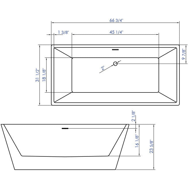 ALFI 67-Inch Rectangular White Freestanding Acrylic Soaking Bathtub Specification Drawing - Vital Hydrotherapy