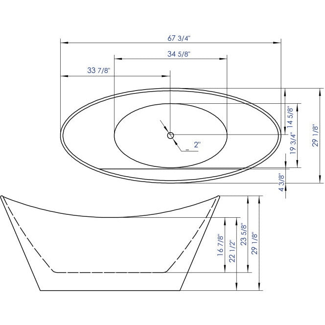 ALFI 68-Inch Oval White Acrylic Freestanding Slipper Soaking Bathtub AB8803 Specification Drawing - Vital Hydrotherapy