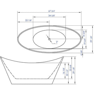 ALFI 68-Inch Oval White Acrylic Freestanding Slipper Soaking Bathtub AB8803 Specification Drawing - Vital Hydrotherapy