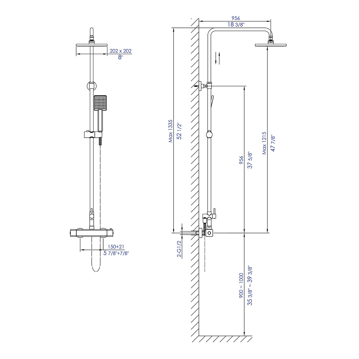ALFI Polished Chrome Square Style Thermostatic Exposed Shower Set - Specification drawing - AB2862-PC - Vital Hydrotherapy