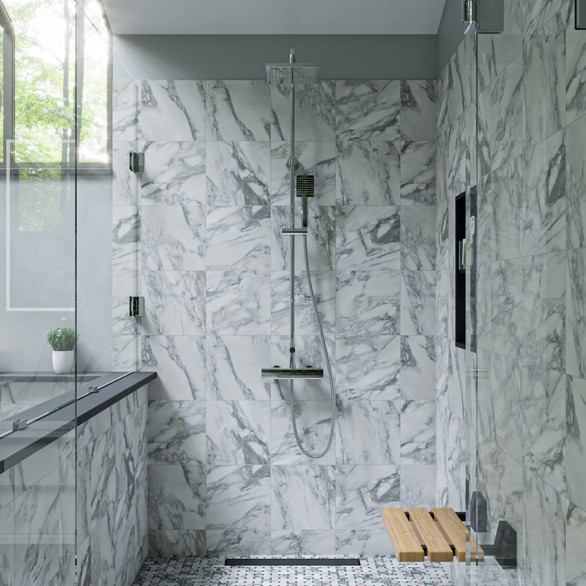 ALFI Polished Chrome Square Style Thermostatic Exposed Shower Set includes: Water Diverter, Temperature Control, On/Off Control, Rain Shower head, Handheld Shower head - in a bathroom setting - AB2862-PC - Vital Hydrotherapy