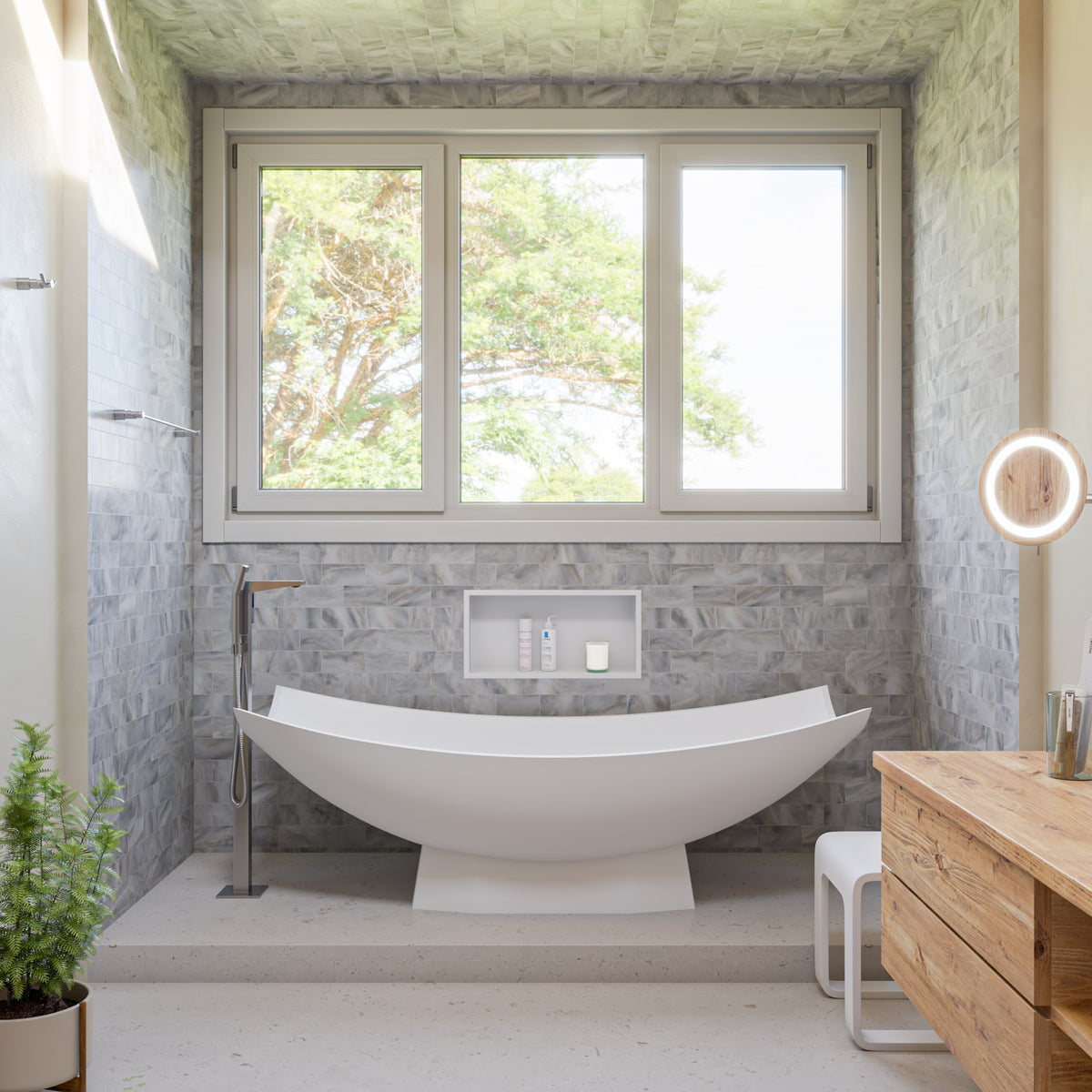 ALFI Single Hole Floor Mounted Tub Filler with Hand Held Shower Head in Brushed Nickel - Solid Brass Construction - in a bathroom setting - AB2475 - Vital Hydrotherapy 