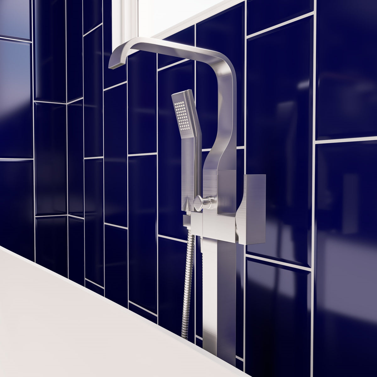 ALFI brands Curved Floor Mounted Tub Filler with Hand Held Shower Head AB2180