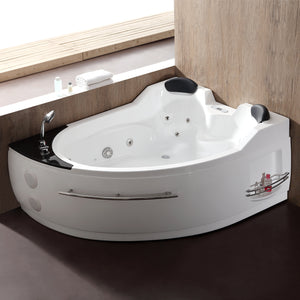 EAGO AM113ETL-L 5.5 ft Left Corner Acrylic White Whirlpool Bathtub for Two - fiberglass and stainless steel-reinforced MaxLoad™ high gloss acrylic with a built-in towel bar and shelf on the front panel, two handheld shower heads and all chrome fixtures