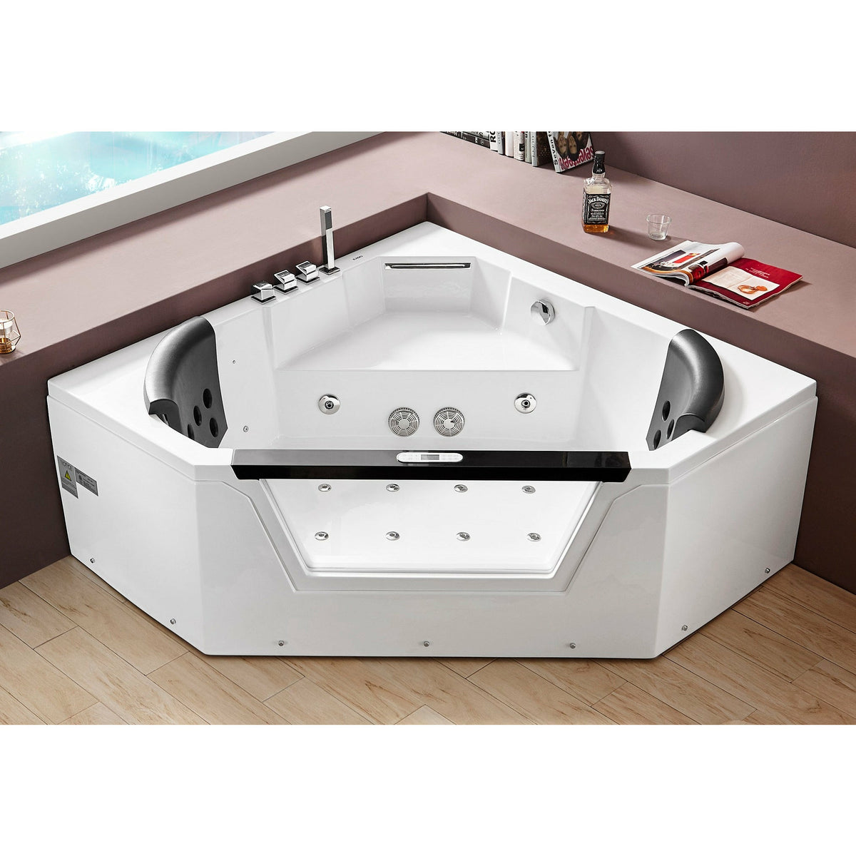 EAGO AM156ETL 5 ft Clear Corner Acrylic Whirlpool Bathtub for Two - tempered glass front panel, fiberglass and stainless steel-reinforced MaxLoad™ high gloss acrylic with Keypad Control Panel, jets and square shaped hand held shower head front view in a corner of a bathroom