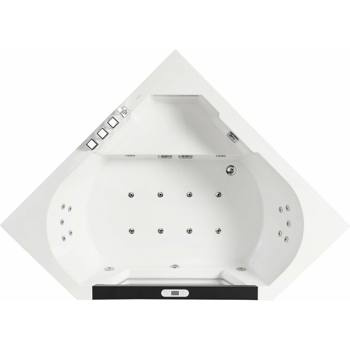 EAGO AM156ETL 5 ft Clear Corner Acrylic Whirlpool Bathtub for Two - tempered glass front panel, fiberglass and stainless steel-reinforced MaxLoad™ high gloss acrylic with Keypad Control Panel, jets and square shaped hand held shower head front view in a white background top view