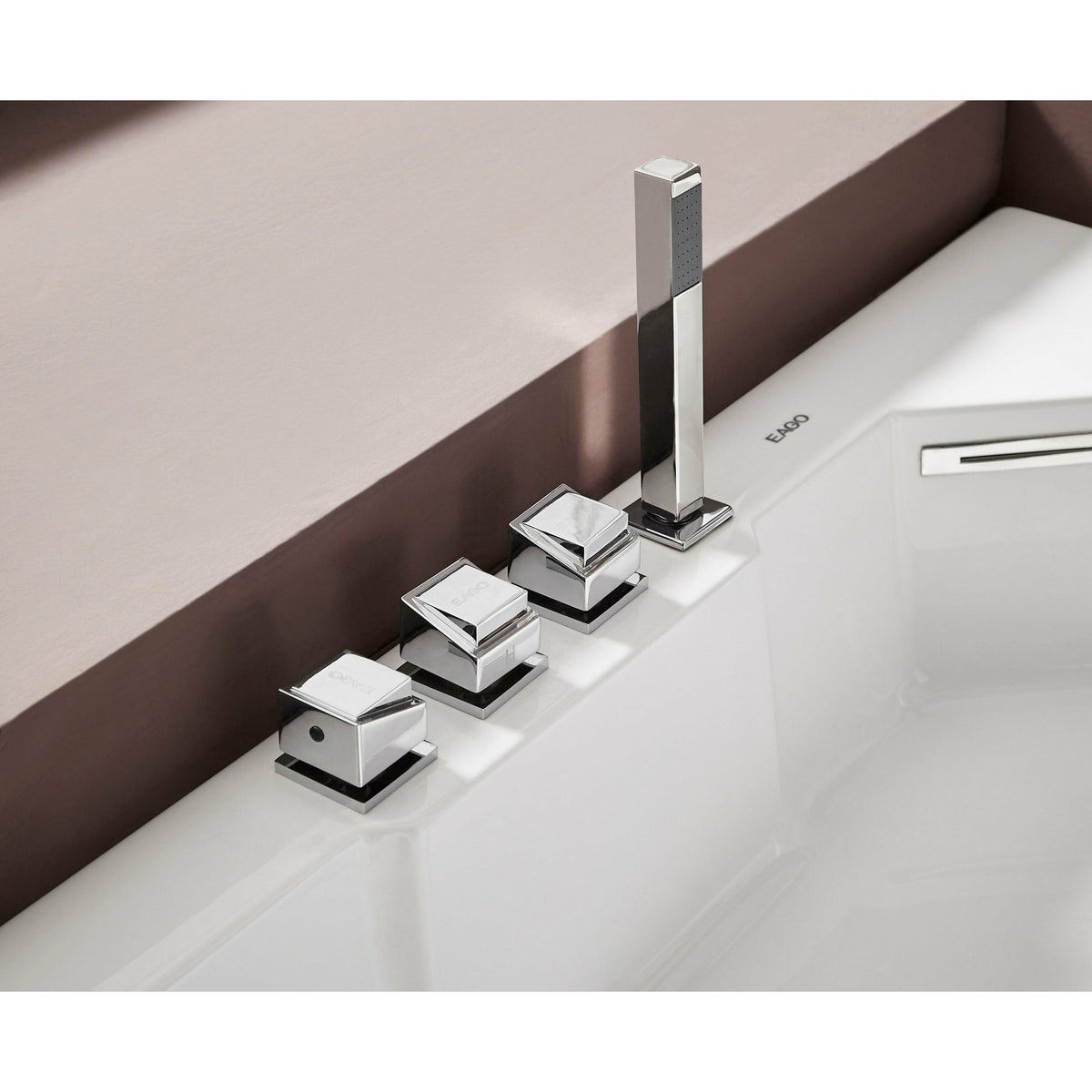 EAGO AM156ETL 5 ft Clear Corner Acrylic Whirlpool Bathtub for Two - tempered glass front panel, fiberglass and stainless steel-reinforced MaxLoad™ high gloss acrylic with square shaped hand held shower head