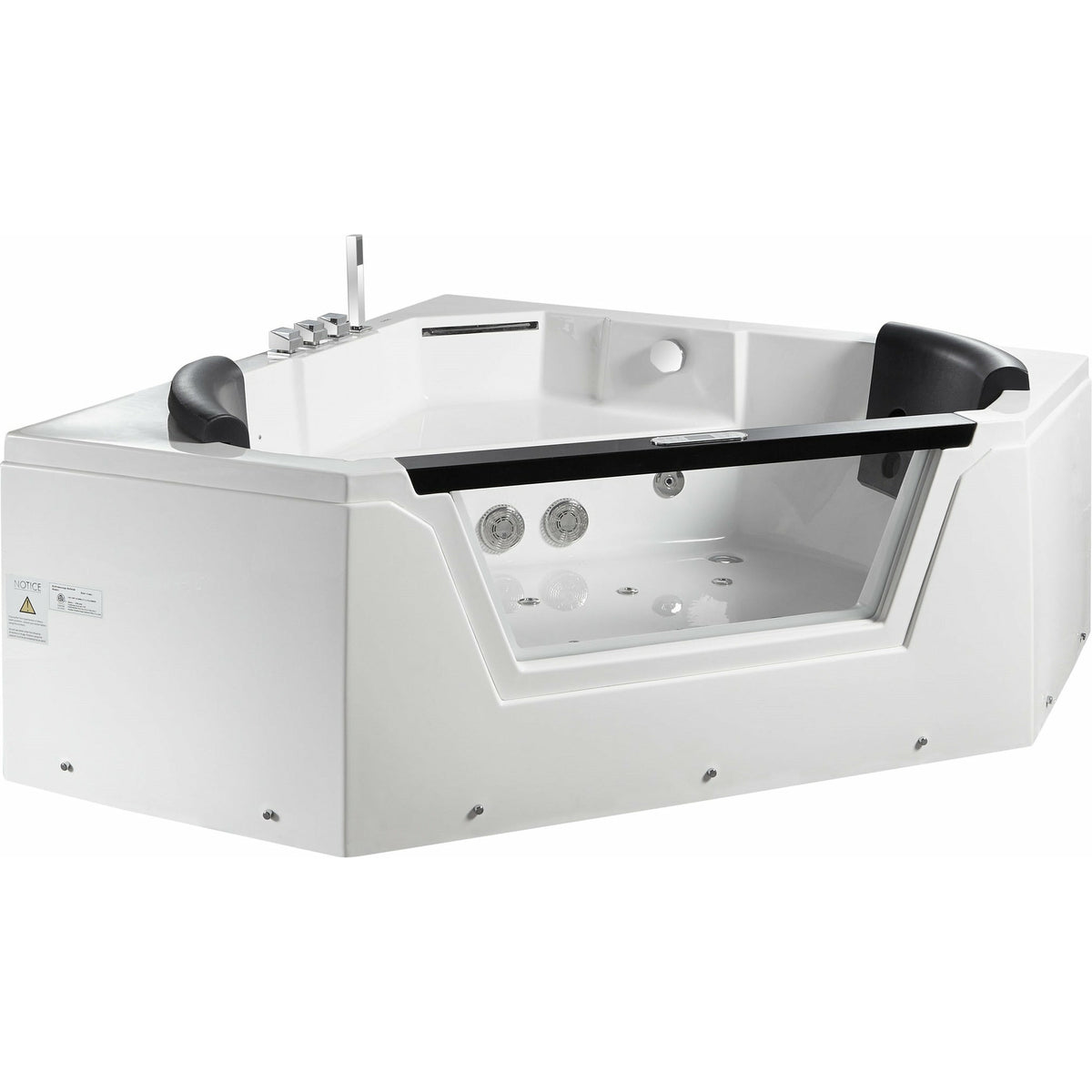 EAGO AM156ETL 5 ft Clear Corner Acrylic Whirlpool Bathtub for Two - tempered glass front panel, fiberglass and stainless steel-reinforced MaxLoad™ high gloss acrylic with Keypad Control Panel, jets and square shaped hand held shower head front view in a white background