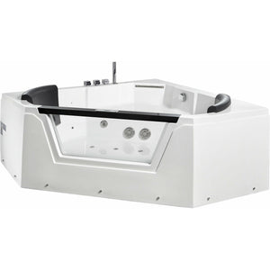 EAGO AM156ETL 5 ft Clear Corner Acrylic Whirlpool Bathtub for Two - tempered glass front panel, fiberglass and stainless steel-reinforced MaxLoad™ high gloss acrylic with Keypad Control Panel, jets and square shaped hand held shower head front view in a white background