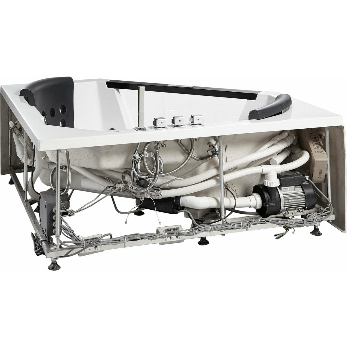 EAGO AM156ETL 5 ft Clear Corner Acrylic Whirlpool Bathtub pump with auto protection function, Inlet and outlet pipe connected to the pump in a white background