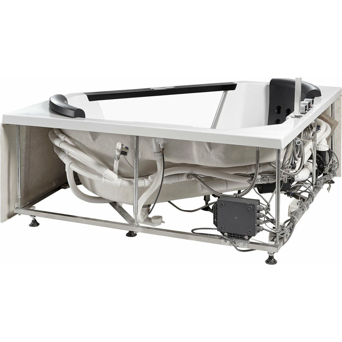 EAGO AM156ETL 5 ft Clear Corner Acrylic Whirlpool Bathtub pump with auto protection function, Inlet and outlet pipe connected to the pump in a white background