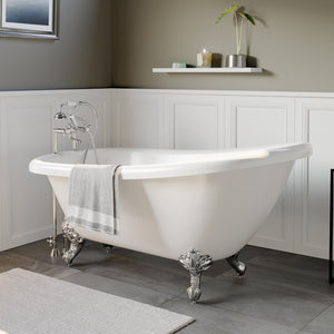 Cambridge Plumbing 61-Inch Slipper Acrylic Soaking Clawfoot Tub (Fiberglass Core & White Gloss Finish) and Complete Plumbing Package - ball and claw feet (Polished chrome) AST61-463D-6-PKG-7DH - Vital Hydrotherapy