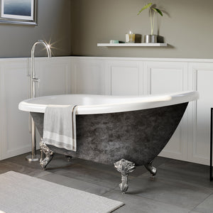 Cambridge Plumbing Slipper Hand Painted Scorched Platinum Acrylic Bathtub (Fiberglass Core, Interior White Gloss Finish & Hand Painted Faux Scorched Platinum Exterior)with Claw Feet (Polished Chrome) and No Faucet Holes AST61-NH-SP - Vital Hydrotherapy