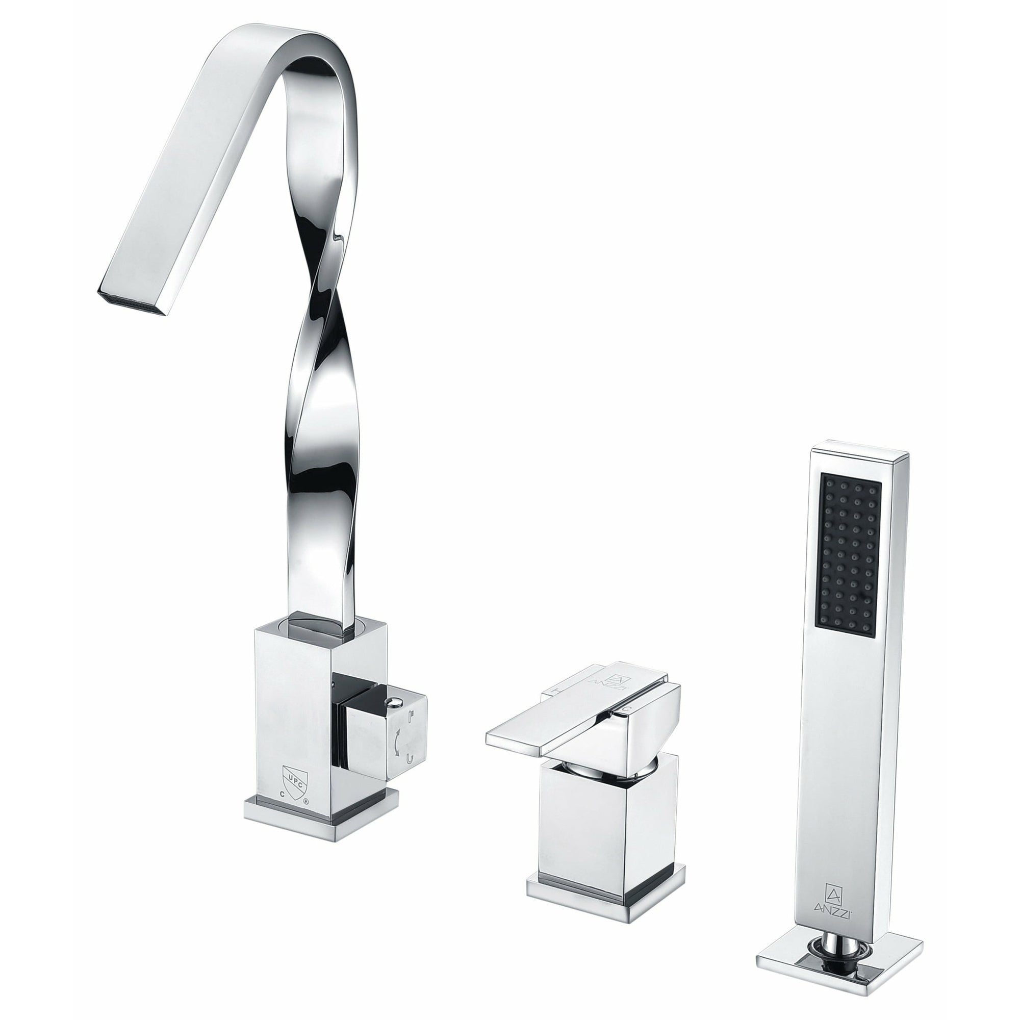 Anzzi Alamere Single-handle Deck-mount Roman Tub Faucet in Chrome - High Arching Spout and Sculpted Artisan Neck - Extendable Euro-grip Handheld Sprayer - Chrome Finish Housing a Solid Brass Interior - FR-AZ040CH - Vital Hydrotherapy