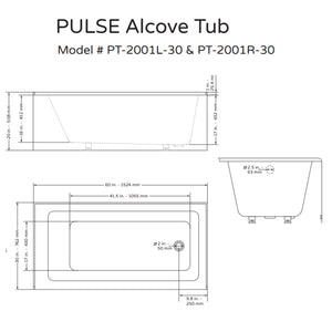 PULSE ShowerSpas 30" Wide White 100% Acrylic Alcove Tub PT-2001-30 Specification Drawing - Vital Hydrotherapy