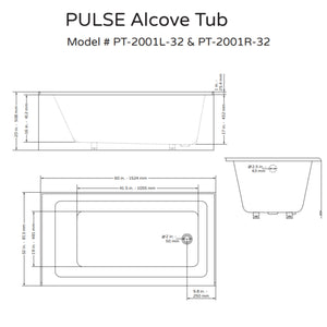 PULSE ShowerSpas 32" Wide White 100% Acrylic Alcove Tub PT-2001-32 Specification Drawing - Vital Hydrotherapy